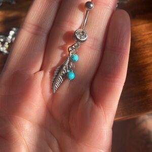 Silver and Turquoise Feather Dangle Belly Ring